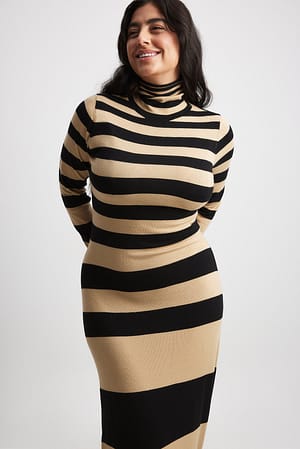 Black/Camel Fine Knitted Striped Maxi Dress