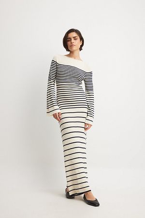 Off White/Navy Stripes Fine Knitted Striped Midi Dress
