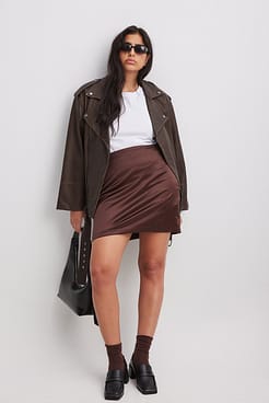 Fitted High Waist Mini Satin Skirt Outfit