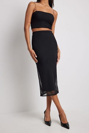 Black Fitted Mesh Midi Skirt