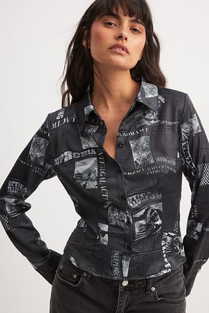 Printed Black Fitted Satin Shirt