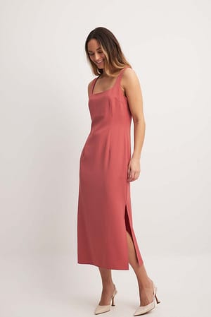 Dusty Rose Fitted Square Neck Midi Dress