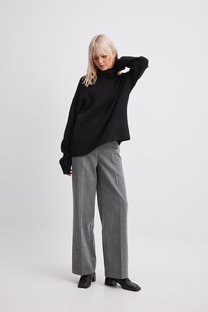 Dark Grey Flanellen broek met wijde pijpen en hoge taille