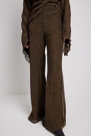 Brown Flared Leg Textured Trousers
