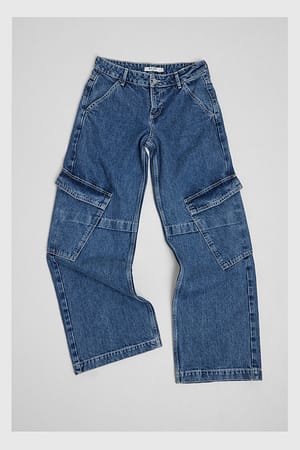 Mid Blue Low Waist Waist Asymmetric Cargo Full Length Jeans