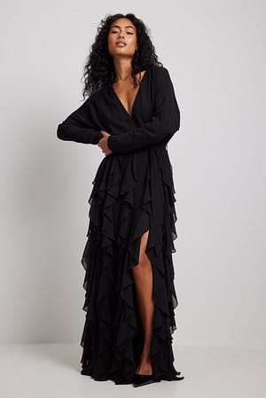 Black Flounce Details Maxi Dress