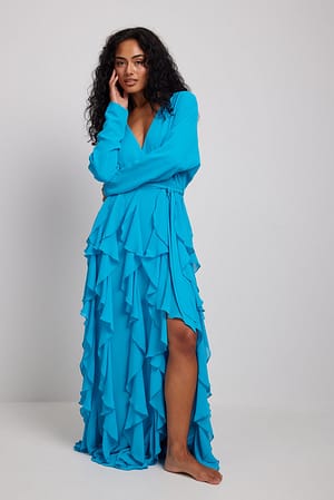 Deep V-neck Long Sleeve Maxi Dress Blue | NA-KD