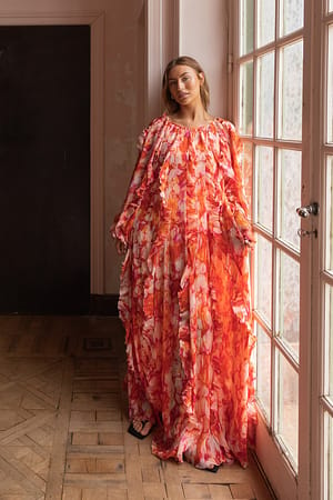 Orange Floral Flounces Detail Maxi Dress