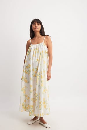 Yellow Flower Print Zwiewna bawełniana sukienka midi