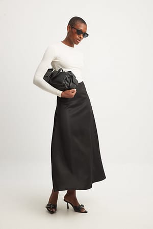 Black Flowy High Waist Midi Skirt