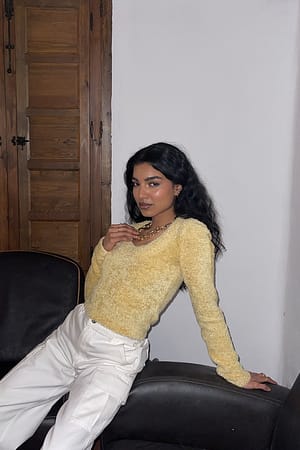 Yellow Fluffy Knitted Scoop Neck Sweater
