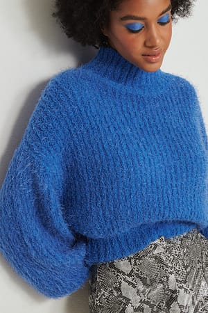 Blue Fluffy Knitted Turtleneck Sweater