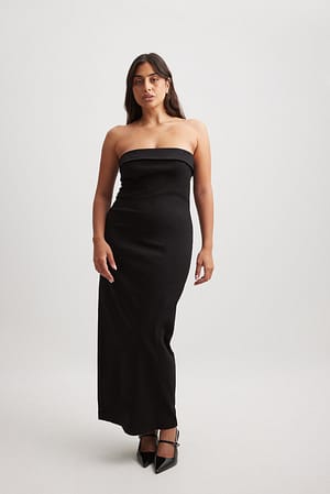 Black Fold Detail Bandeau Maxi Dress