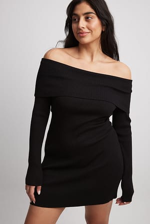 Black Folded Offshoulder Knitted Mini Dress