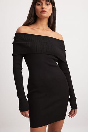 Black Folded Offshoulder Knitted Mini Dress