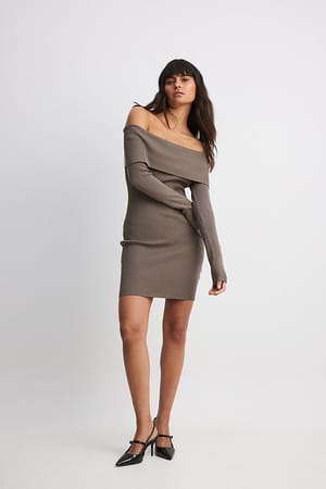 Brown Folded Offshoulder Knitted Mini Dress