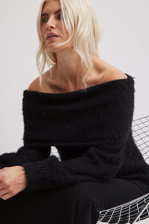 Black Folded Offshoulder Knitted Sweater