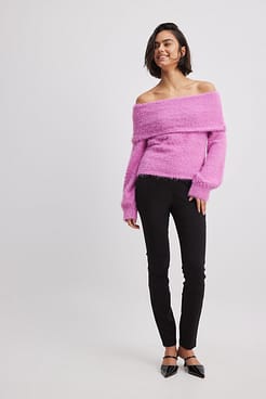 Folded Offshoulder Knitted Sweater Outfit