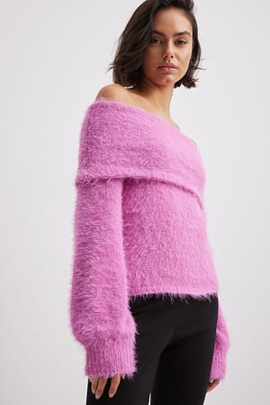Pink Folded Offshoulder Knitted Sweater
