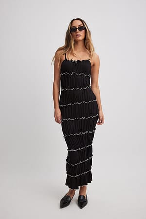 Black/White Frill Detail Midi Dress