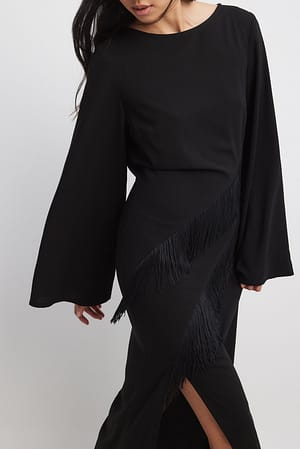 Black Fringe Detail Open Back Maxi Dress