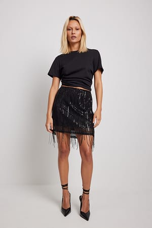 Black Fringe Sequin Mini Skirt