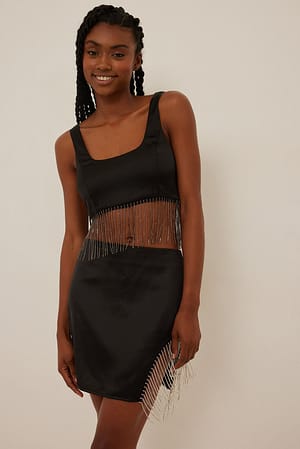 Black NA-KD Party Fringed Mini Rhinestone Skirt