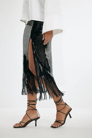 Black Fringes Detail Sequin Skirt