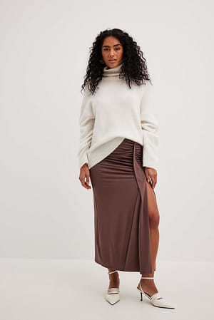 Brown Front Drape Detail Midi Skirt