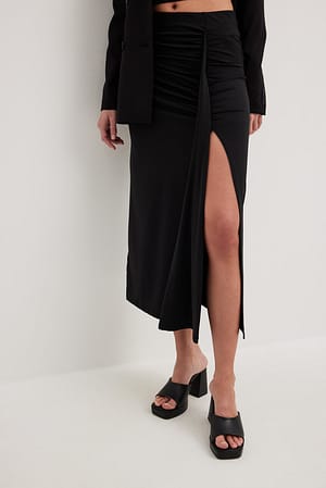 Black Front Drape Detail Midi Skirt