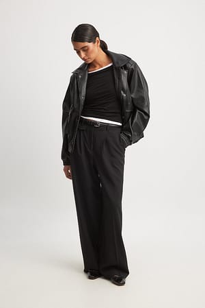 Black Front Pocket Detail Mid Waist Suit Pants