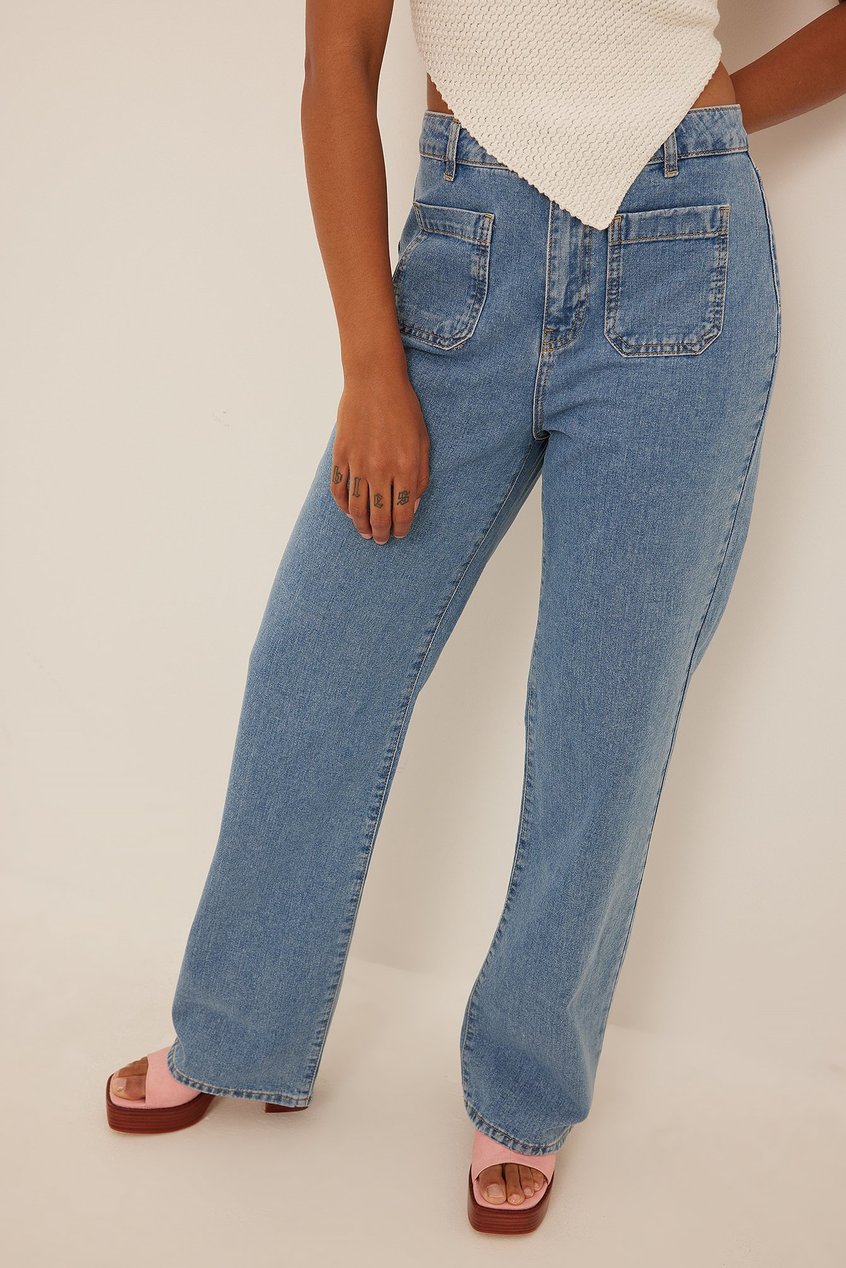 Denim Jeans larges | Front Pocket Straight Denim Bleu - IN08501