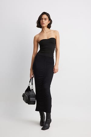 Black Front Rouched Midi Skirt
