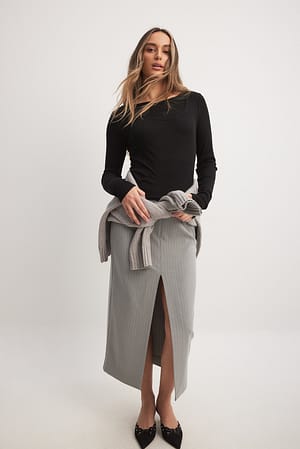 Grey/White Front Slit Midi Skirt
