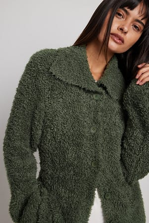 Dark Green Fuzzy Knitted Collar Cardigan