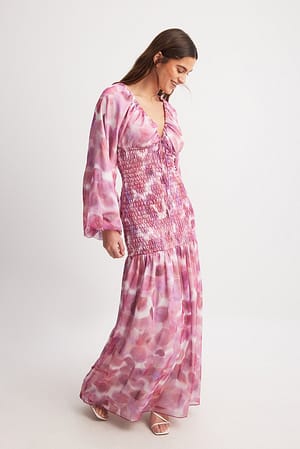 Pink Print Gathered Body Detail Maxi Dress