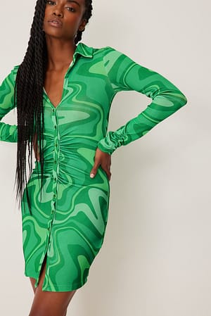 Green Print Vestido mini fruncido