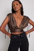 Brown Gathered Tie Front Satin Top