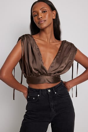 Brown NA-KD Party Gathered Tie Front Satin Top