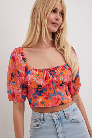 Flower Gathered Tie Front Top