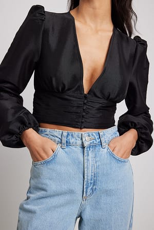 Black Blusa con mangas de globo y cintura con volantes