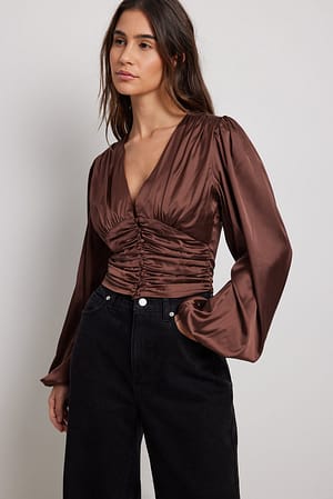Brown Satijnen blouse met V-hals en ingerimpelde taille