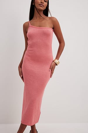 Coral Glitter Knitted One Shoulder Midi Dress