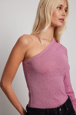 Pink Glitter gebreide top met one-shoulder
