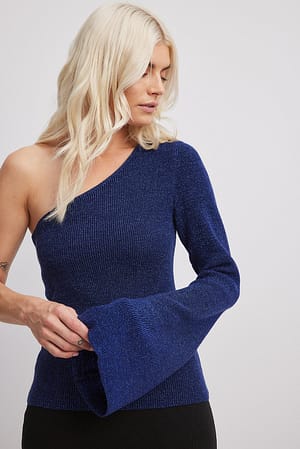 Navy Glitter Knitted One Shoulder Top