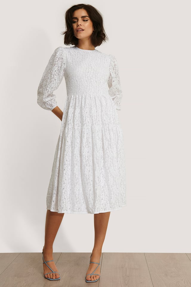 Pitsinen Puhvihihainen Mekko White