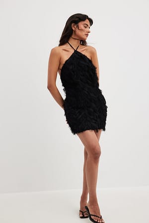 Black Halterneck Mini Feather Dress