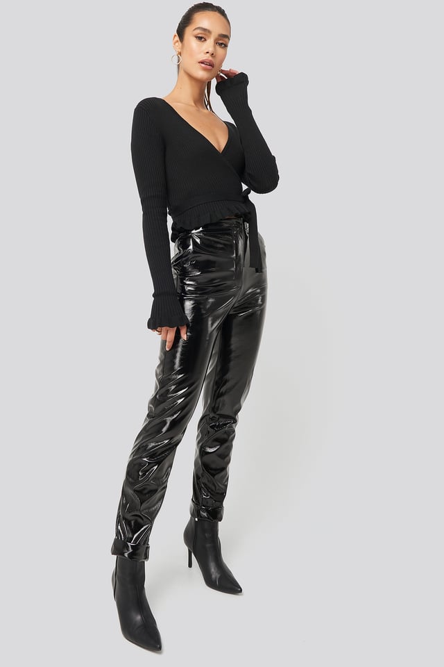 Fold Hem Pu Pants Black