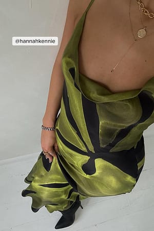Green Print Midi-slipklänning med vattenfallseffekt