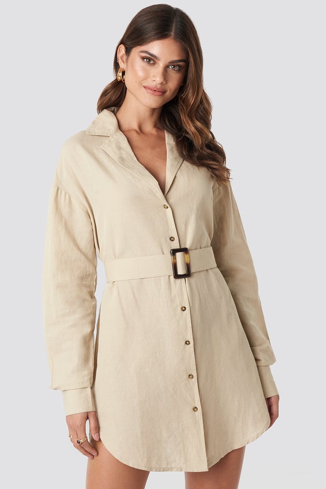 Belted Oversized Linen Look Shirt Dress Beige